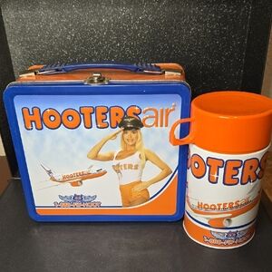 Rare Hooters Air Blue and Orange Lunchbox with Thermos And Hat